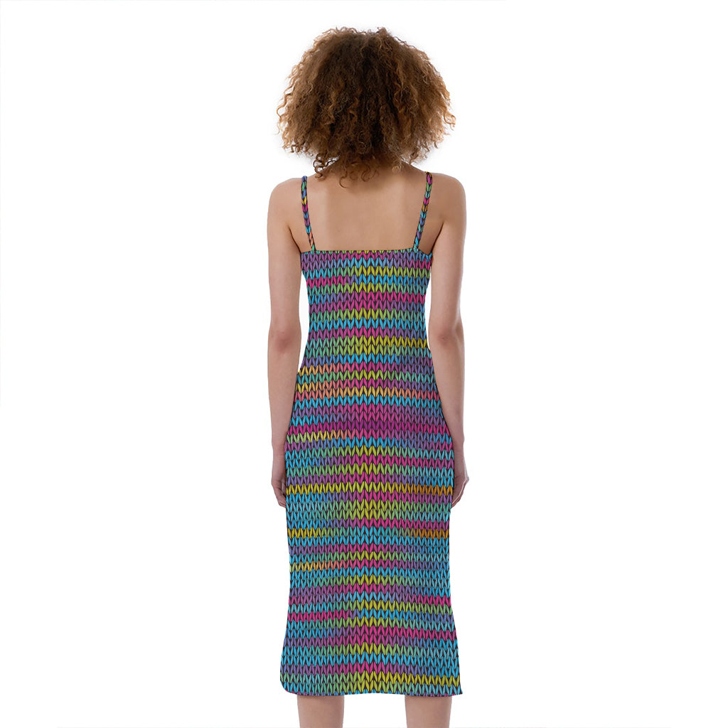 Colorful Knitted Pattern Print Slim Fit Midi Cami Dress