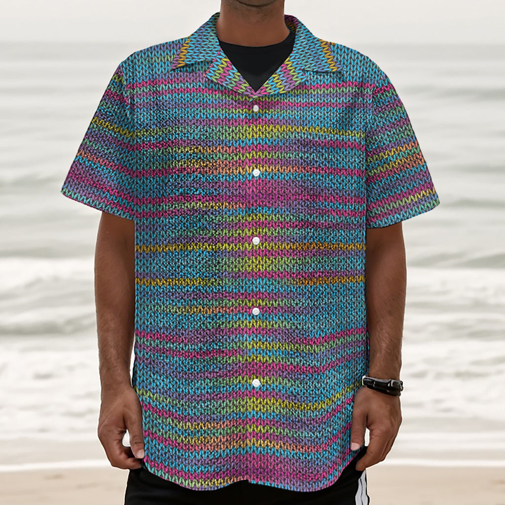 Colorful Knitted Pattern Print Textured Short Sleeve Shirt