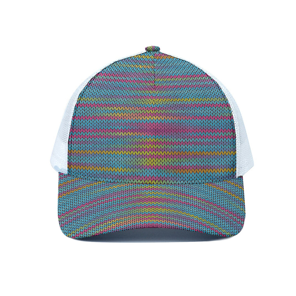 Colorful Knitted Pattern Print White Mesh Trucker Cap