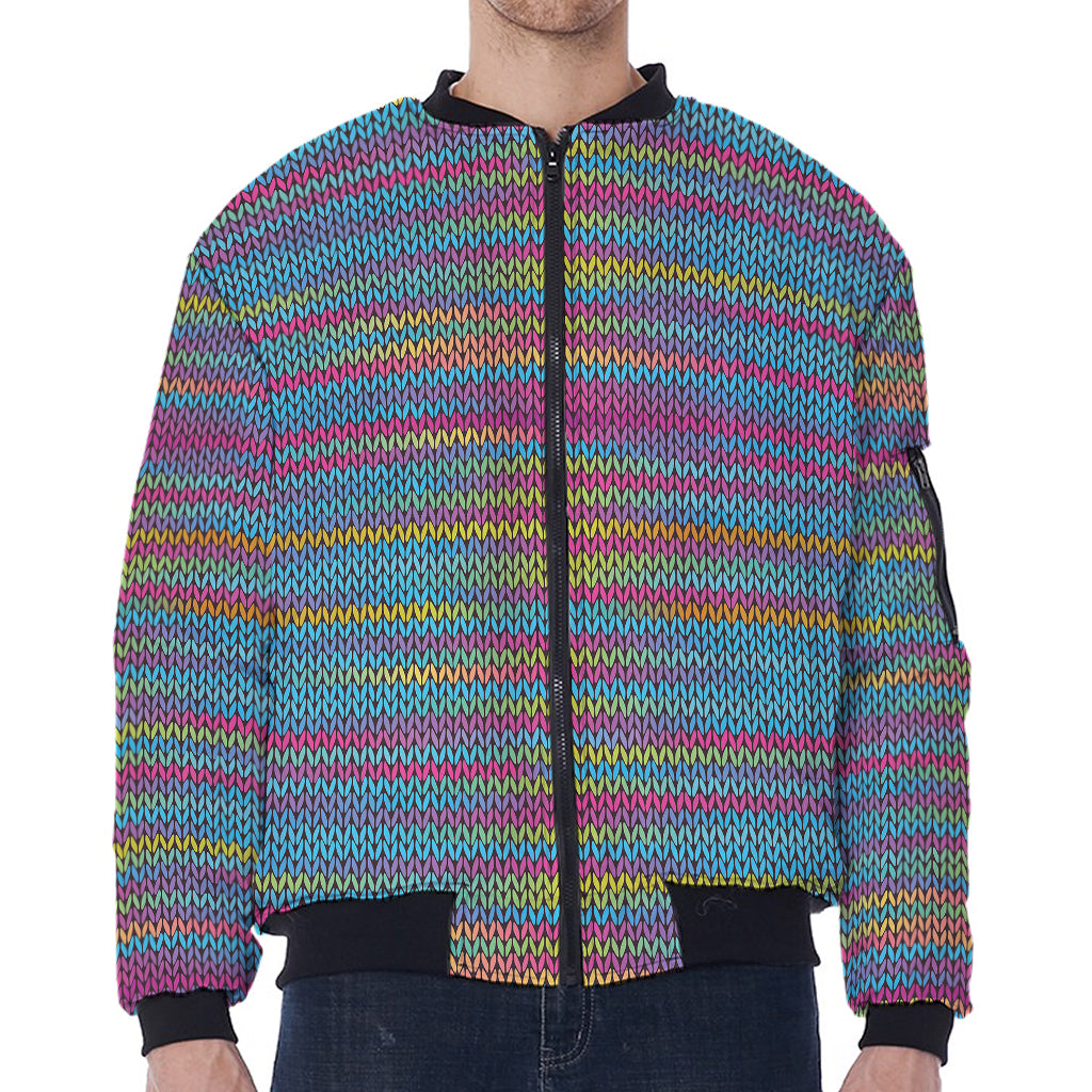 Colorful Knitted Pattern Print Zip Sleeve Bomber Jacket