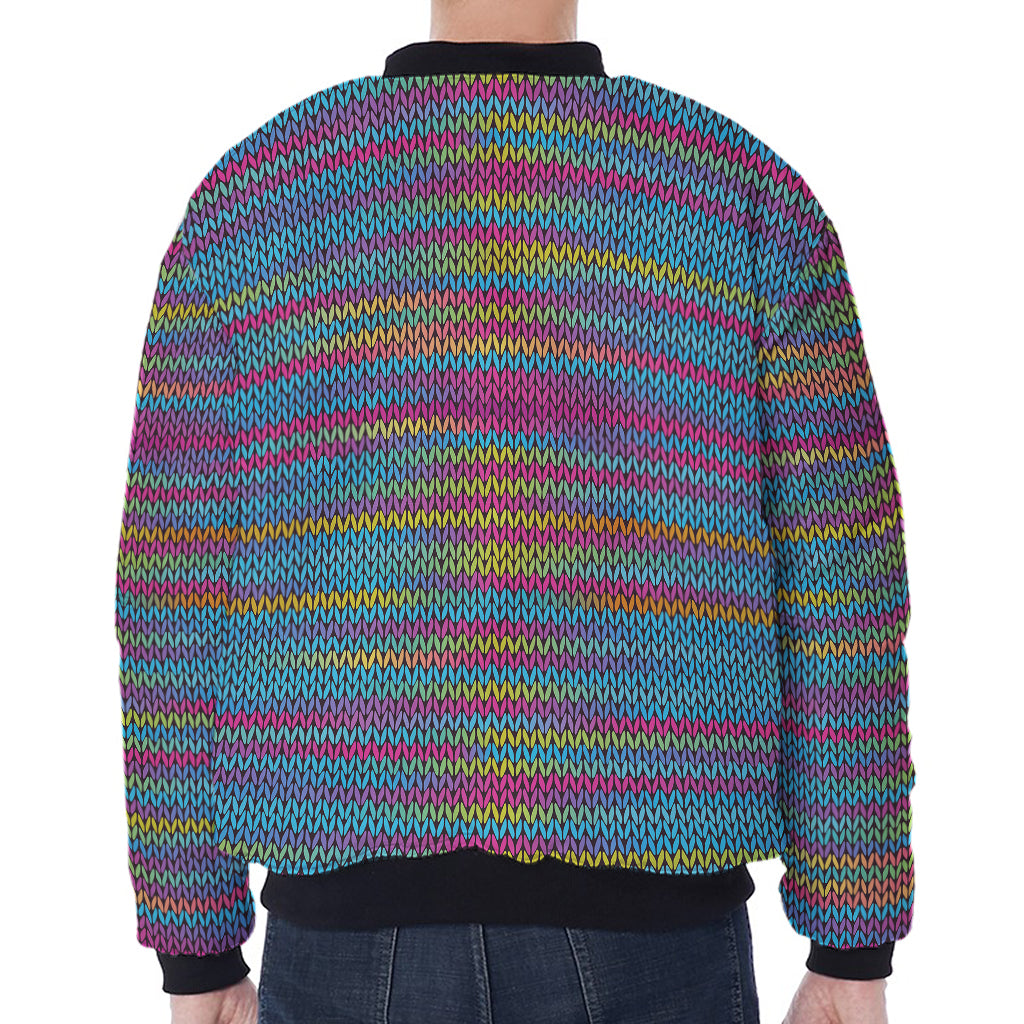 Colorful Knitted Pattern Print Zip Sleeve Bomber Jacket