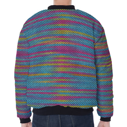 Colorful Knitted Pattern Print Zip Sleeve Bomber Jacket