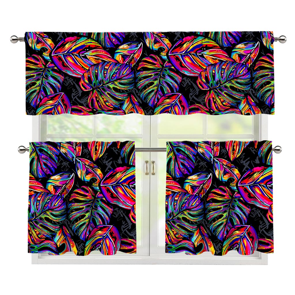 Colorful Leaf Tropical Pattern Print 3 Piece Kitchen Curtains
