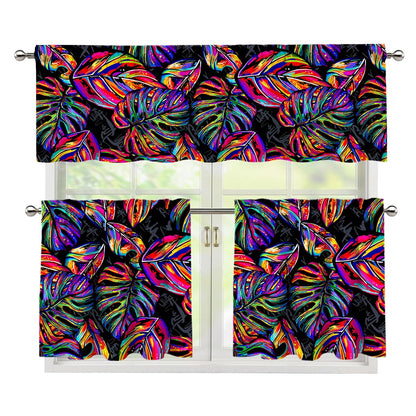 Colorful Leaf Tropical Pattern Print 3 Piece Kitchen Curtains