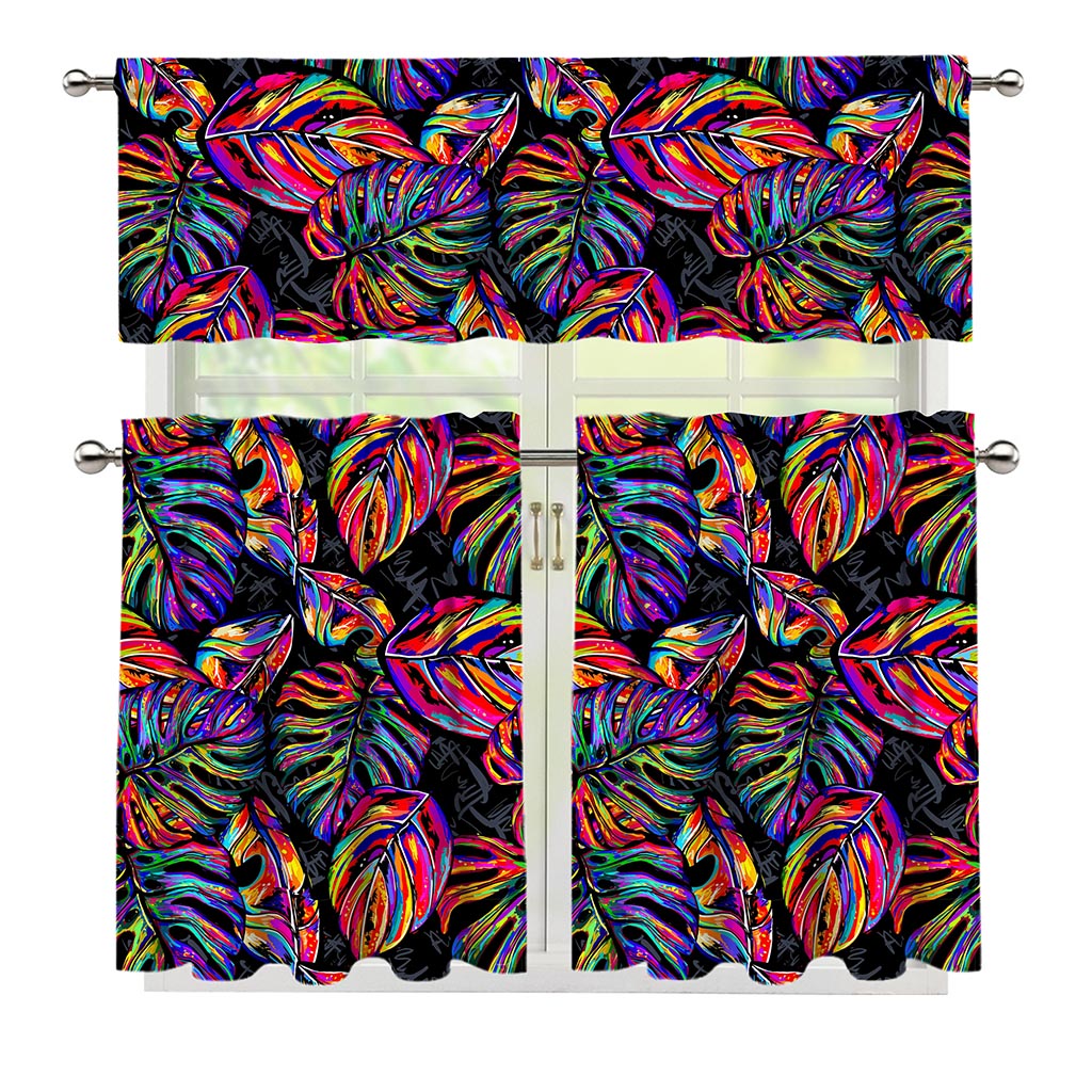 Colorful Leaf Tropical Pattern Print 3 Piece Kitchen Curtains