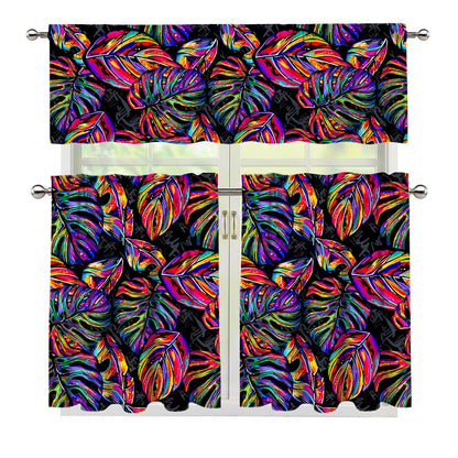 Colorful Leaf Tropical Pattern Print 3 Piece Kitchen Curtains
