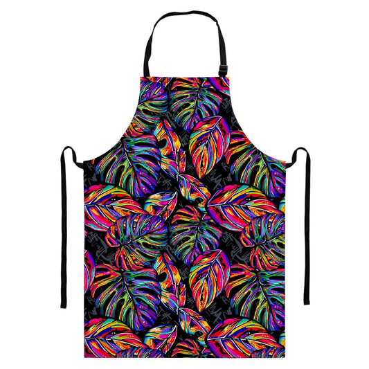 Colorful Leaf Tropical Pattern Print Bib Apron With Pocket