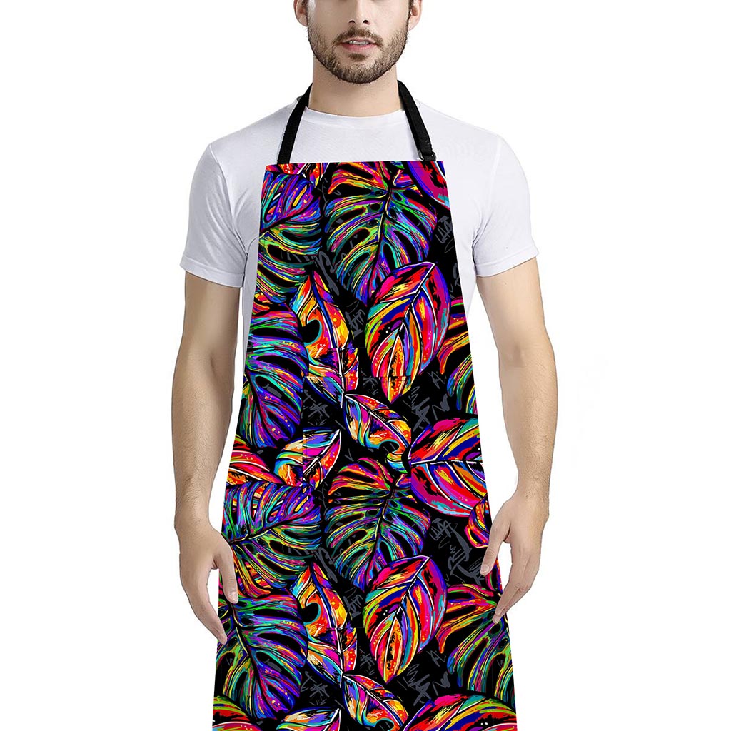 Colorful Leaf Tropical Pattern Print Bib Apron With Pocket