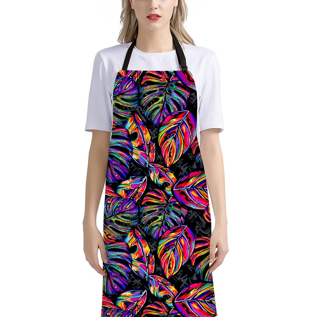 Colorful Leaf Tropical Pattern Print Bib Apron With Pocket
