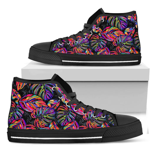 Colorful Leaf Tropical Pattern Print Black High Top Sneakers