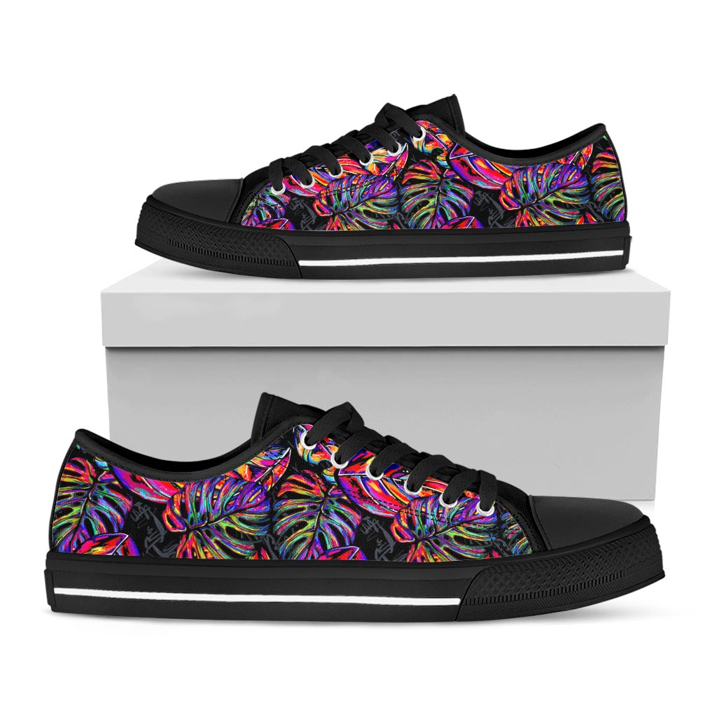 Colorful Leaf Tropical Pattern Print Black Low Top Sneakers
