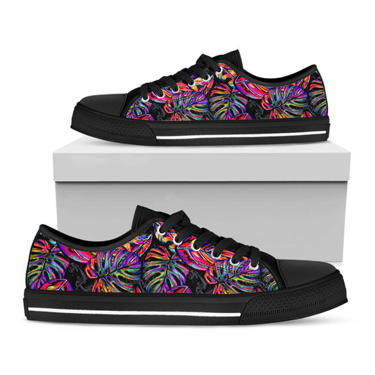 Colorful Leaf Tropical Pattern Print Black Low Top Sneakers