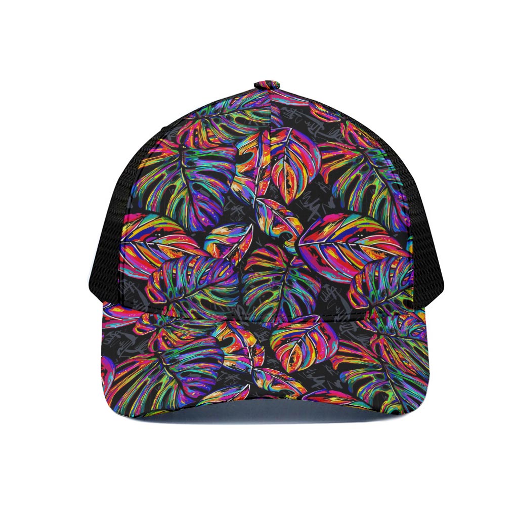 Colorful Leaf Tropical Pattern Print Black Mesh Trucker Cap