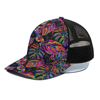 Colorful Leaf Tropical Pattern Print Black Mesh Trucker Cap