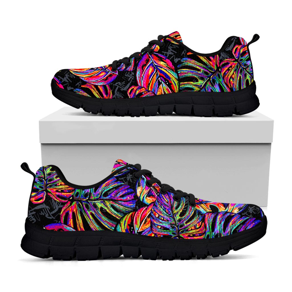 Colorful Leaf Tropical Pattern Print Black Running Shoes