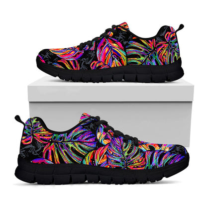 Colorful Leaf Tropical Pattern Print Black Running Shoes