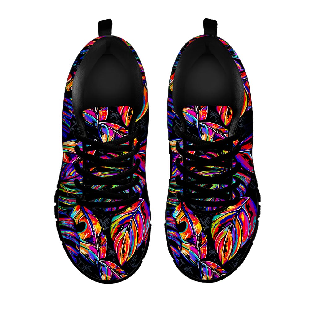 Colorful Leaf Tropical Pattern Print Black Running Shoes