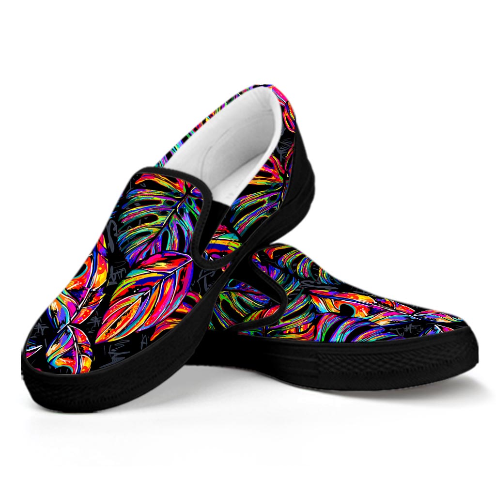 Colorful Leaf Tropical Pattern Print Black Slip On Sneakers