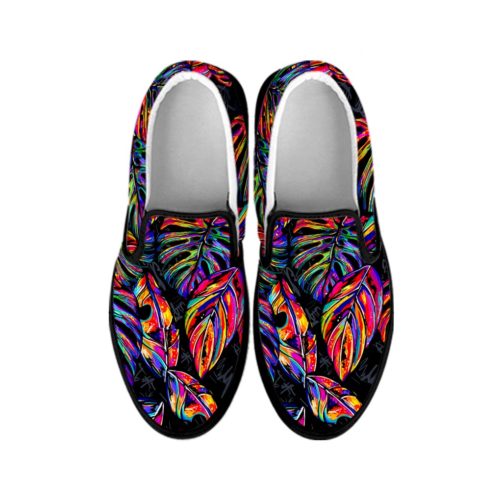 Colorful Leaf Tropical Pattern Print Black Slip On Sneakers