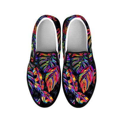 Colorful Leaf Tropical Pattern Print Black Slip On Sneakers