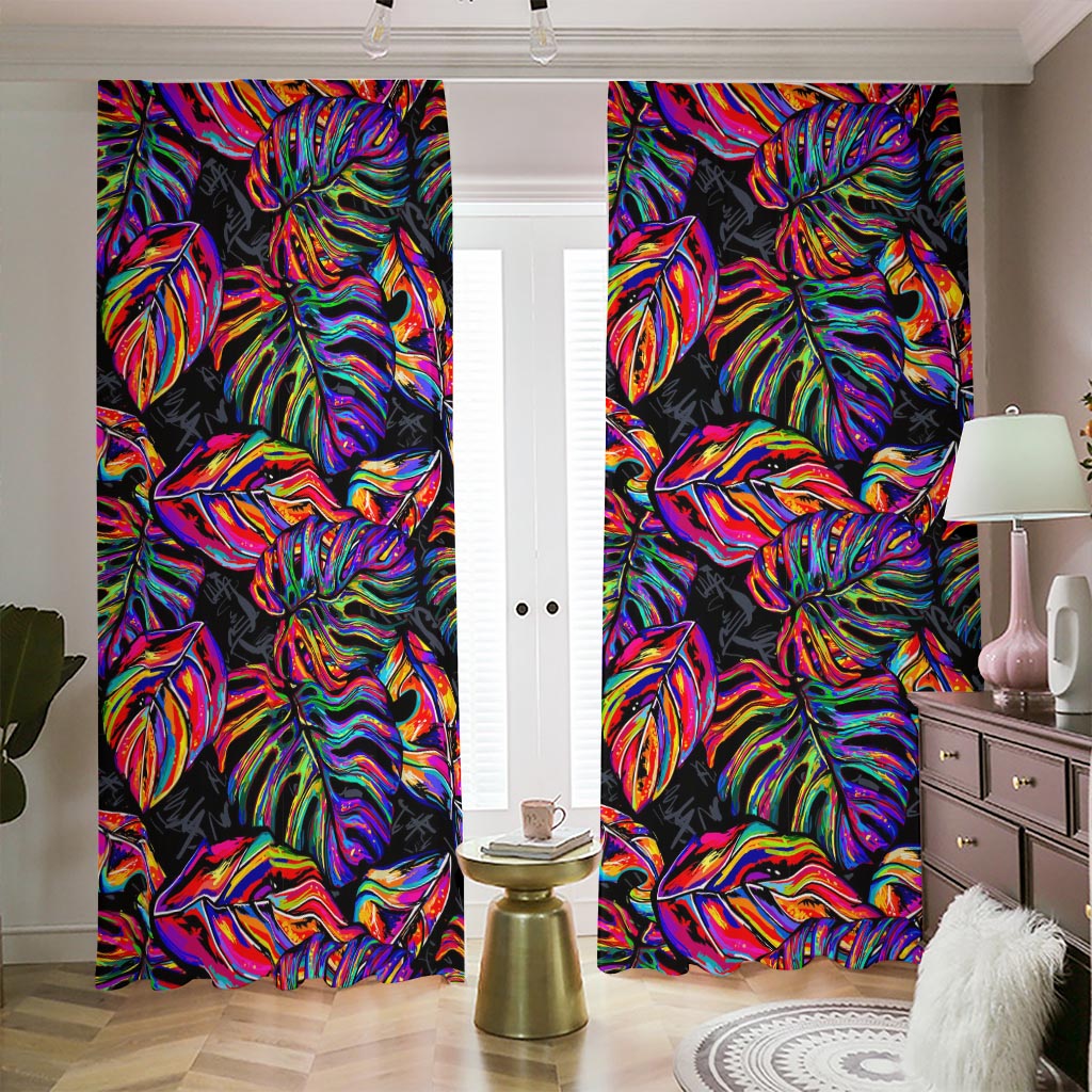 Colorful Leaf Tropical Pattern Print Blackout Pencil Pleat Curtains