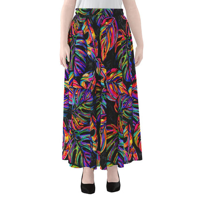 Colorful Leaf Tropical Pattern Print Chiffon Maxi Skirt
