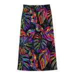 Colorful Leaf Tropical Pattern Print Cotton Front Slit Maxi Skirt