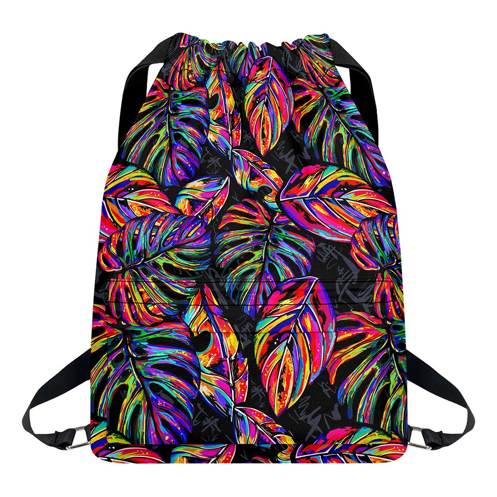 Colorful Leaf Tropical Pattern Print Drawstring Backpack