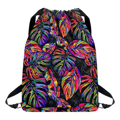 Colorful Leaf Tropical Pattern Print Drawstring Backpack