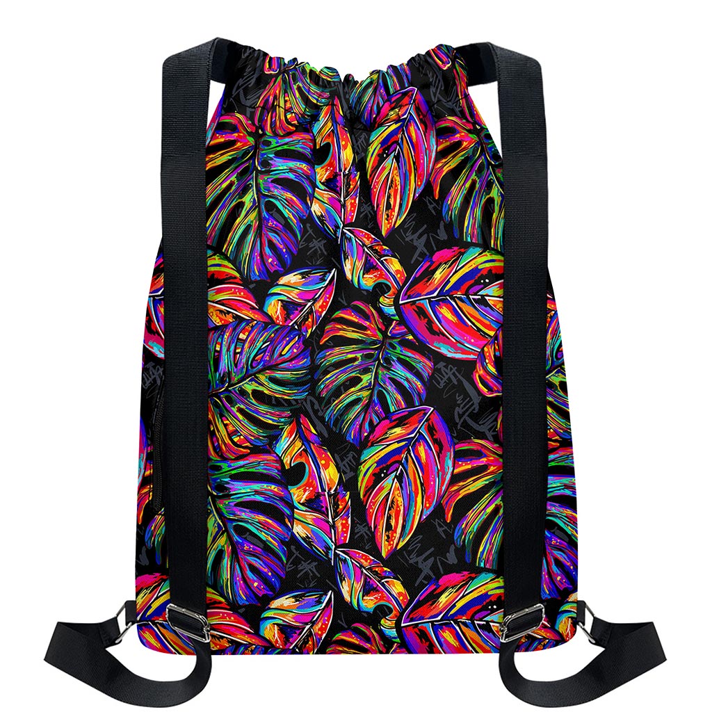 Colorful Leaf Tropical Pattern Print Drawstring Backpack