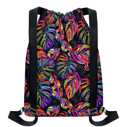 Colorful Leaf Tropical Pattern Print Drawstring Backpack