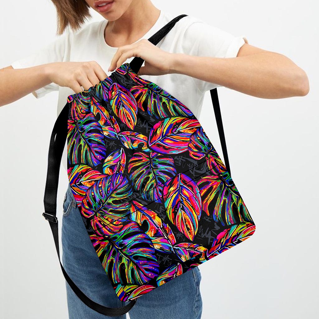 Colorful Leaf Tropical Pattern Print Drawstring Backpack