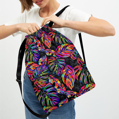 Colorful Leaf Tropical Pattern Print Drawstring Backpack