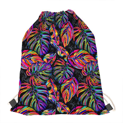 Colorful Leaf Tropical Pattern Print Drawstring Bag