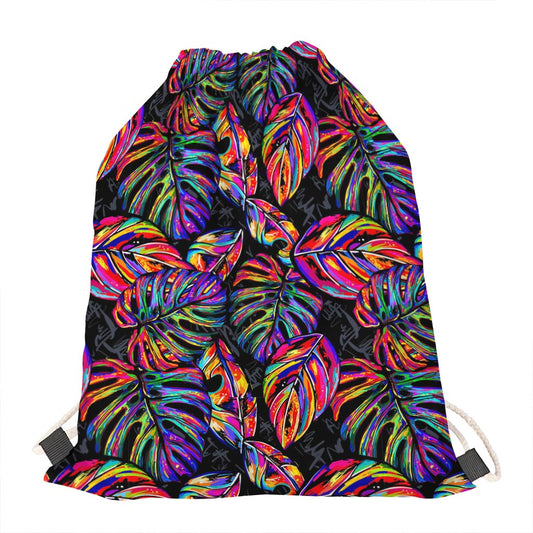 Colorful Leaf Tropical Pattern Print Drawstring Bag