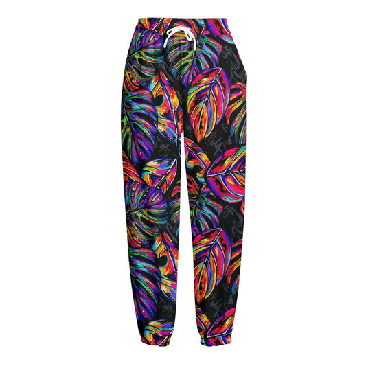 Colorful Leaf Tropical Pattern Print Fleece Lined Knit Pants