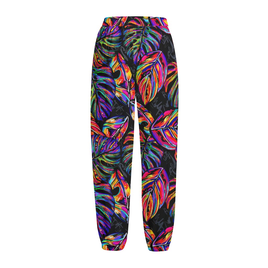 Colorful Leaf Tropical Pattern Print Fleece Lined Knit Pants