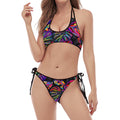 Colorful Leaf Tropical Pattern Print Halter Scoop Tie Side Bikini