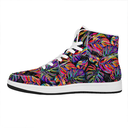 Colorful Leaf Tropical Pattern Print High Top Leather Sneakers