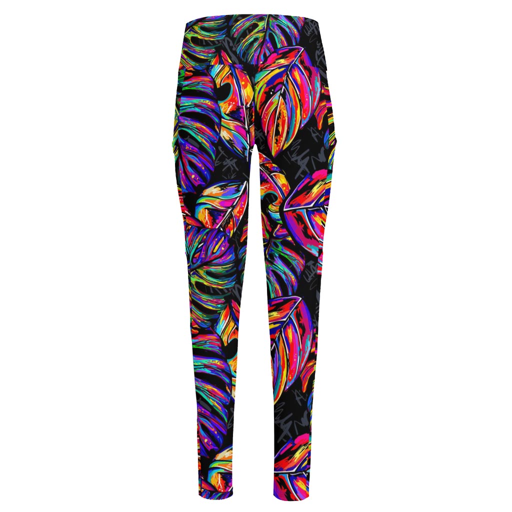 Colorful Leaf Tropical Pattern Print High-Waisted Pocket Leggings