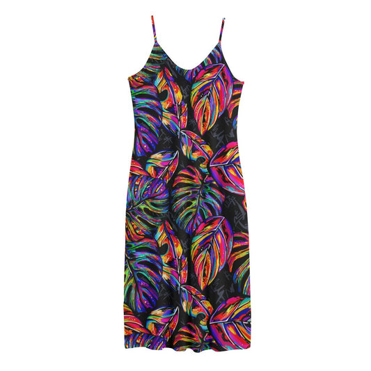 Colorful Leaf Tropical Pattern Print Jersey Midi Cami Dress