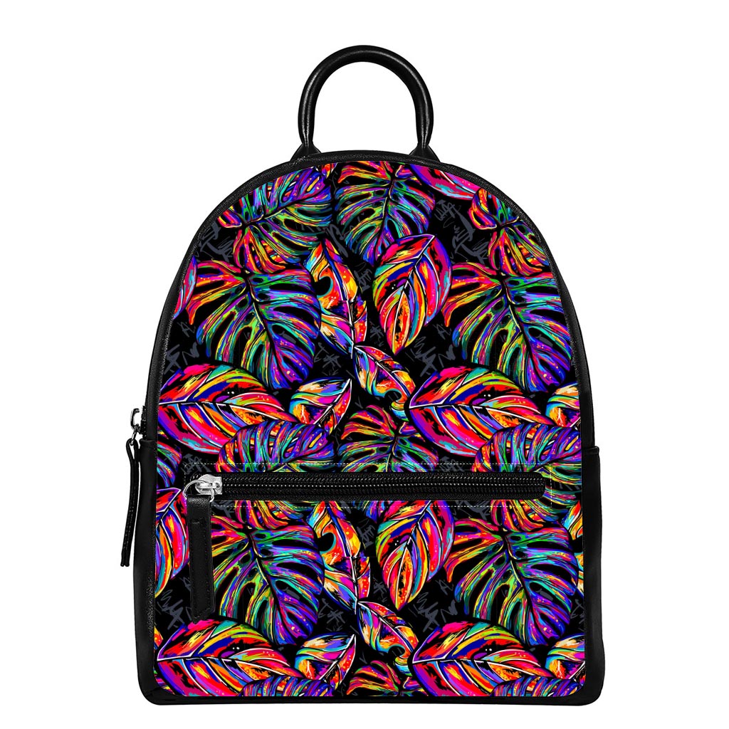 Colorful Leaf Tropical Pattern Print Leather Backpack
