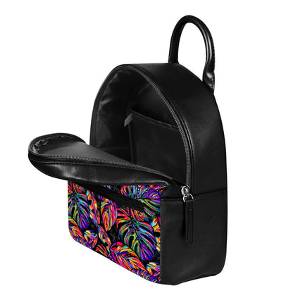Colorful Leaf Tropical Pattern Print Leather Backpack