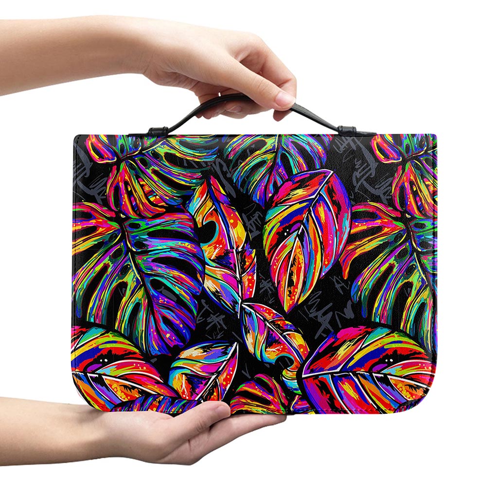 Colorful Leaf Tropical Pattern Print Leather Bible Cover