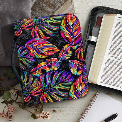 Colorful Leaf Tropical Pattern Print Leather Bible Cover