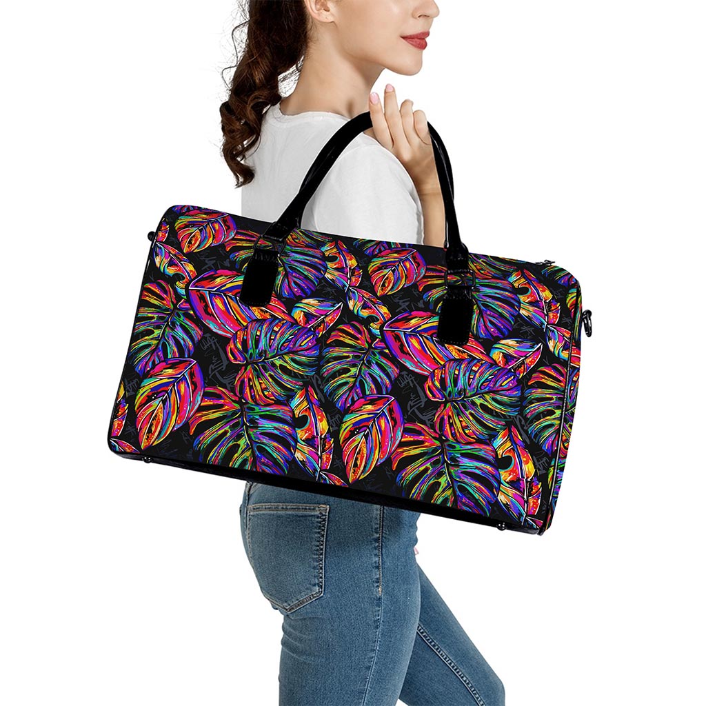 Colorful Leaf Tropical Pattern Print Leather Duffle Bag
