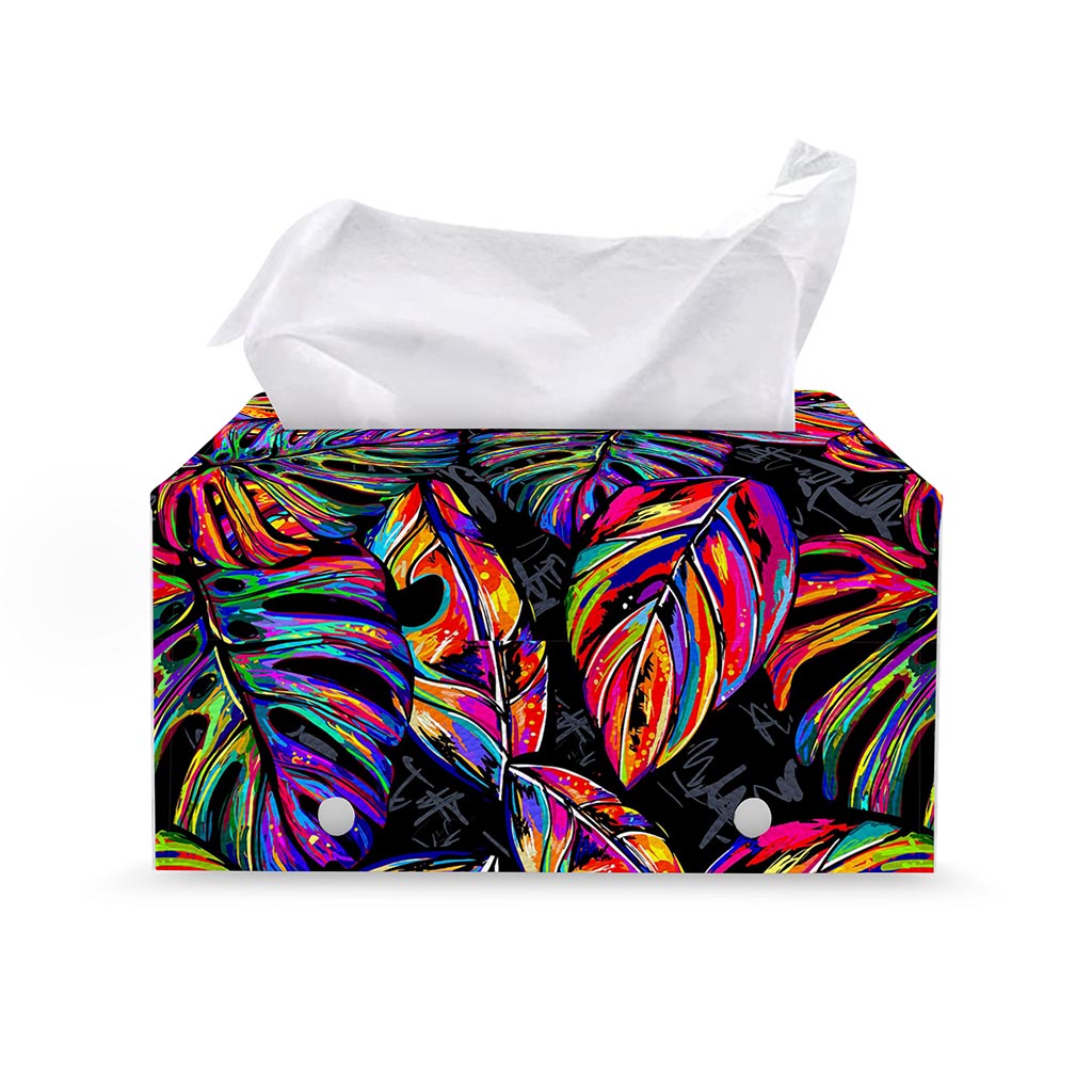 Colorful Leaf Tropical Pattern Print Leather Tissue Box Cover