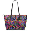 Colorful Leaf Tropical Pattern Print Leather Tote Bag With Zipper