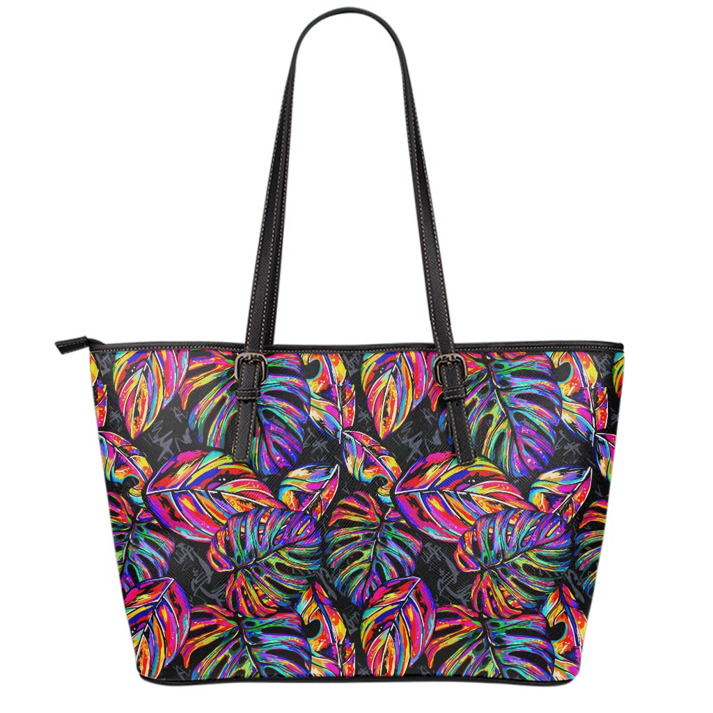 Colorful Leaf Tropical Pattern Print Leather Tote Bag