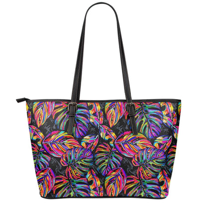 Colorful Leaf Tropical Pattern Print Leather Tote Bag